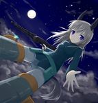  aksman animal_ears bad_id bad_pixiv_id blue_eyes cloud dog_ears dog_tail eila_ilmatar_juutilainen gun long_hair machine_gun mg42 military military_uniform moon outstretched_hand pantyhose silver_hair sky smile solo strike_witches tail uniform weapon white_legwear world_witches_series 