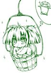  1girl blush bucket downagi hair_ornament in_bucket in_container in_hat kisume long_sleeves monochrome open_mouth short_hair solo sparkle touhou twintails white_background wooden_bucket |_| 