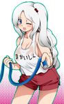  alternate_costume bad_id bad_pixiv_id blue_eyes blush breasts cleavage clothes_writing fuantei highres hose large_breasts long_hair one_eye_closed shinki shorts side_ponytail sideboob smile solo tank_top touhou touhou_(pc-98) translated wet white_hair 