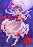  ama-tou ascot bat_wings blue_hair brooch flower hat hat_ribbon high_heels jewelry no_socks open_mouth outstretched_arm outstretched_hand parasol petals puffy_sleeves purple_eyes red_flower red_rose remilia_scarlet ribbon rose sash shirt shoes short_hair short_sleeves skirt smile solo touhou umbrella wings wrist_cuffs wrist_ribbon 