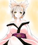  bare_shoulders blonde_hair blush breasts cleavage crossed_legs earmuffs han_(jackpot) japanese_clothes kimono large_breasts light_smile obi off_shoulder sash short_hair smile solo touhou toyosatomimi_no_miko 