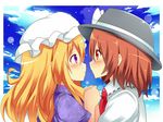  bad_id bad_pixiv_id blonde_hair blush bow brown_eyes brown_hair cloud day eye_contact hat hat_bow long_hair looking_at_another maribel_hearn multiple_girls necktie purple_eyes shinekalta short_hair sky touhou usami_renko yuri 