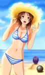  beach bikini brown_eyes brown_hair character_request day hat hoshikawa_maki shopyun solo_focus striped striped_bikini striped_swimsuit sun_hat swimsuit tokimeki_memorial tokimeki_memorial_4 