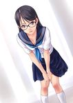  black_eyes black_hair collarbone downblouse glasses highres leaning_forward long_hair looking_at_viewer norizou_type-r original school_uniform simple_background skirt solo underwear white_background 