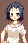  bad_id bad_pixiv_id blush fang hair_ornament hairpin ikeda_kana kazekoshi_school_uniform lowres saki school_uniform short_hair simple_background solo yakeniku 