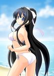  ass beach bikini black_hair blue_eyes day from_behind l-trap long_hair looking_back original ponytail solo swimsuit 