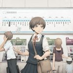  2girls bag belt big_eyes brown_eyes brown_hair cellphone commentary_request handbag highres md5_mismatch multiple_boys multiple_girls necktie original phone pleated_skirt ribbon salaryman school_uniform shirt short_hair short_sleeves skirt subway ticket ticket_machine train_station translated white_shirt yajirushi_(chanoma) 