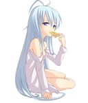  antenna_hair bare_legs bare_shoulders blue_eyes blue_hair denpa_onna_to_seishun_otoko eating food highres holding_pizza leaning long_hair miyo_(ranthath) off_shoulder pizza simple_background sitting solo touwa_erio white_background 