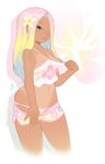  breasts dark_skin flower hair_flower hair_ornament long_hair looking_at_viewer medium_breasts midriff miupix multicolored_hair navel one_eye_covered original panties see-through shorts simple_background smile solo tank_top teasing underwear wide_hips 