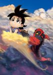  black_hair cloud cloudy_sky crossover day deadpool dragon_ball dragon_ball_(classic) flying flying_nimbus gloves jeffrey_cruz male_focus marvel mask multiple_boys skin_tight sky smile son_gokuu spiked_hair superhero tail yellow_eyes 