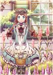  animal anne_of_green_gables anne_shirley basket blue_eyes bow braid cat commentary flower freckles frills hat highres long_hair long_sleeves red_hair rose smile solo standing suou_sakura twin_braids window world_masterpiece_theater 