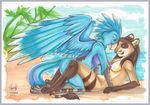  anyare anyare_(character) avian beach beak bird blue_feathers blue_hair breasts brown_fur brown_hair claws eye_contact feather_hair feline female fur hair hybrid interspecies lesbian liger lion lying macaw mammal nipples nude on_back parrot seaside sex stripes tiger water whiskers wings 