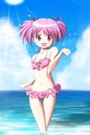  :d bikini cloud day frilled_bikini frills girly_running highres kaname_madoka kinfuji mahou_shoujo_madoka_magica navel ocean open_mouth pink_bikini pink_eyes pink_hair short_hair short_twintails sky smile solo sunlight swimsuit thigh_gap twintails wading water 