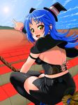  back blue_hair blush broom broom_riding corset day hat leather long_hair looking_back original pencil_skirt pointing shin'ya_(shin'yanchi) skirt sky solo thighhighs witch witch_hat yellow_eyes 