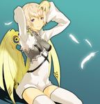  bad_id bad_pixiv_id blonde_hair copyright_request feathers long_hair solo thighhighs tsujisaki wings 