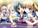  ^_^ air_hockey arcade arm_up blonde_hair blue_eyes celes_alford clenched_teeth closed_eyes game_cg green_hair inui_miri multiple_girls natsumegu nojima_hotori pink_hair red_eyes school_uniform shouting skirt teeth tsukasa_yuuki twintails 