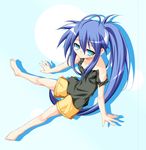  alternate_hairstyle barefoot blue_eyes blue_hair izumi_konata ka2 long_hair lucky_star mole mole_under_eye ponytail shorts sitting solo 