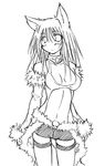  animal_ears breasts choker cleavage detached_sleeves fox_ears fur-trimmed_sleeves fur-trimmed_waist_cape fur_trim greyscale kaminagi_(kaminagi-tei) large_breasts long_hair midriff monochrome ragnarok_online short_shorts shorts sketch solo stalker thigh_strap waist_cape 