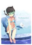  akizuki_ritsuko antenna_hair barefoot bikini black_hair book bookmark braid breasts front-tie_top glasses idolmaster idolmaster_(classic) idolmaster_1 noripachi sitting small_breasts soaking_feet solo swimsuit visor_cap water 