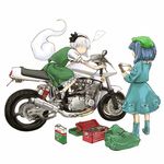  2girls backpack bag bangs blue_hair boots cervus clipboard ground_vehicle hat hitodama kawashiro_nitori konpaku_youmu konpaku_youmu_(ghost) long_sleeves motor_vehicle motorcycle multiple_girls no_eyes puffy_short_sleeves puffy_sleeves shoes short_hair short_sleeves skirt socks spoken_ellipsis toolbox touhou twintails two_side_up vest white_hair 