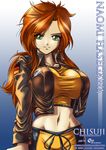  breasts chisuji daniel_fielding green_eyes hasegawa_naomi jacket large_breasts long_hair midriff orange_hair smile solo watermark 