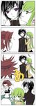  2girls 4koma ashford_academy_uniform bangs blue_eyes c.c. code_geass comic flipped_hair green_hair headband jealous jpeg_artifacts kallen_stadtfeld kiss lelouch_lamperouge mizunomoto multiple_girls red_hair short_hair silent_comic 