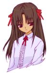  brown_hair center_frills cocone_fatima_rosa dress_shirt haruka_shiya long_sleeves looking_at_viewer mahou_sensei_negima! neck_ribbon red_eyes ribbon shirt simple_background solo upper_body white_background 