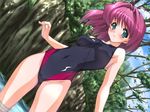  antenna_hair aqua_eyes armpits bare_shoulders blush braid cloud competition_swimsuit day dutch_angle embarrassed game_cg hair_intakes hanabana_no_omohi... joy_ride nature navel one-piece_swimsuit outdoors pink_hair sakurai_waka short_hair side_braid skin_tight sky solo standing swimsuit thighs tree wading water wet 