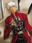  archer closed_eyes dark_skin dark_skinned_male fate/stay_night fate_(series) male_focus rikky solo sword weapon white_hair 