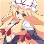  between_breasts blonde_hair breasts hair_ribbon hat long_hair lowres necktie open_clothes open_shirt purple_eyes ribbon shirt solo touhou touya_(the-moon) yakumo_yukari 