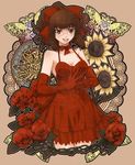  art_nouveau bare_shoulders bow breasts brown_eyes brown_hair cleavage dress elbow_gloves flower glasses gloves hair_bow hands_together kazu kikuko_(kazu) medium_breasts original own_hands_together red_dress red_flower red_rose ribbon rose solo sunflower 