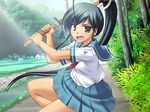  black_hair bokken brown_eyes day fang game_cg hoshitsuguyo kuryuu_misaki outdoors ponytail road rural school_uniform shikato_miyo solo sword weapon wooden_sword 