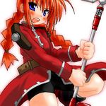  artist_request belt blue_eyes braid cowboy_shot dress graf_eisen hammer holding holding_weapon leg_up long_hair long_sleeves looking_at_viewer lowres lyrical_nanoha mahou_shoujo_lyrical_nanoha_strikers orange_hair red_dress shorts shoulder_pads simple_background solo standing twin_braids very_long_hair vita weapon white_background 