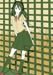  black_legwear contrapposto green green_eyes green_hair green_skirt headphones kneehighs loafers looking_at_viewer original red_ribbon ribbon school_uniform shirt shoes short_hair short_sleeves skirt solo standing tanaka_hirotaka yellow_shirt 