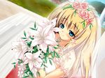  amilias aqua_eyes blonde_hair blush bouquet bridal_veil bride dress dutch_angle flower game_cg hitsujimura_saki jewelry long_hair necklace outdoors pearl_necklace rose smile solo veil wedding_dress wondering_repair 