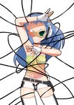  blue_hair cable fingerless_gloves gloves green_eyes headphones imaizumi_teruhiko long_hair navel original see-through solo sunglasses thighhighs 