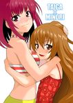  aisaka_taiga bikini blush brown_eyes brown_hair fang hug kushieda_minori long_hair multiple_girls one-piece_swimsuit petting red_hair shin'ya_(shin'yanchi) striped striped_bikini swimsuit toradora! yuri 