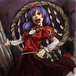  :d brooch cervus dress gem hair_ornament hand_on_hip jewelry layered_sleeves leaf_hair_ornament long_sleeves looking_at_viewer open_mouth puffy_short_sleeves puffy_sleeves purple_hair red_dress red_eyes short_hair short_over_long_sleeves short_sleeves smile solo touhou yasaka_kanako 