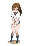  :/ bad_id bad_pixiv_id blush covering covering_crotch embarrassed frown genderswap genderswap_(mtf) gym_uniform kyon kyonko long_hair looking_at_viewer nose_blush ponytail shirt_tug simple_background solo suzumiya_haruhi_no_yuuutsu white_background zekkyou_(h9s9) 