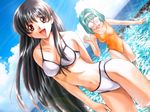  asuka_chitose bikini black_hair brown_eyes cloud day game_cg glasses green_hair ikusa_miko_~vestal_virgin~ long_hair multiple_girls mutsumi_masato non-web_source one-piece_swimsuit opaque_glasses outdoors short_hair sky swimsuit water yamamoto_sayoko 