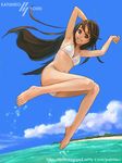  arms_up barefoot beach bikini brown_eyes brown_hair copyright_request day feet long_hair outdoors solo swimsuit yuuki_katsuhiko 