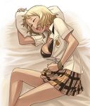  bed blonde_hair blush bowieknife bra bracelet breasts cleavage closed_eyes dark_skin hyakko jewelry large_breasts lingerie lying ooba_minato open_clothes open_mouth open_shirt pillow plaid plaid_skirt school_uniform shirt short_hair skirt sleeping solo underwear uniform 