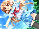  alpha_(yukai_na_nakamatachi) black_legwear cloud day dutch_angle game_cg hair_ribbon long_hair open_mouth orange_eyes outdoors red_eyes red_hair ribbon saika_miina school_uniform sharin_no_kuni_yuukyuu_no_shounenshoujo sky solo thighhighs tree 