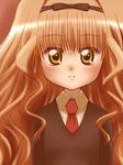  awa blush closed_mouth collared_shirt expressionless eyebrows_visible_through_hair hair_intakes long_sleeves looking_at_viewer lowres mashiro_rima necktie orange_hair red_neckwear shirt shugo_chara! solo sweater upper_body wavy_hair yellow_eyes 