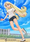  blonde_hair blue_eyes cloud curly_hair day grin long_hair long_legs no_socks original outdoors school_uniform shirt shoes shorts sky smile sneakers solo t-shirt very_long_hair yuuki_katsuhiko 