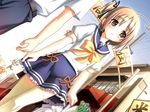  ahoge blush brown_eyes brown_hair dutch_angle groceries hiide nekomiya_nono school_uniform shopping side_ponytail solo thighhighs yotsunoha zettai_ryouiki 