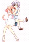  ;d animal_ears brown_eyes brown_hair cat_ears cat_tail extra_ears harmonia hasegawa_chisame izumi_ako mahou_sensei_negima! multiple_girls one_eye_closed open_mouth ponytail purple_hair red_eyes sandals school_uniform short_hair smile tail 