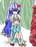  2girls blue_hair bow cheken couple fujiwara_no_mokou glasses hair_bow hetero hug hug_from_behind japanese_clothes kamishirasawa_keine morichika_rinnosuke multiple_girls sandals shorts silver_hair suspenders touhou younger 