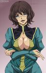  bad_id bad_pixiv_id blue_eyes breast_hold breasts brown_hair cleavage covered_nipples curvy glasses gundam gundam_00 large_breasts madhatter_hello open_mouth shirin_bakhtiar short_hair solo 