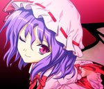  bad_id bad_pixiv_id bow close-up closed_mouth colored_eyelashes eyelashes face from_above hat looking_at_viewer one_eye_closed purple_eyes purple_hair remilia_scarlet slit_pupils smile solo touhou yasuyuki 